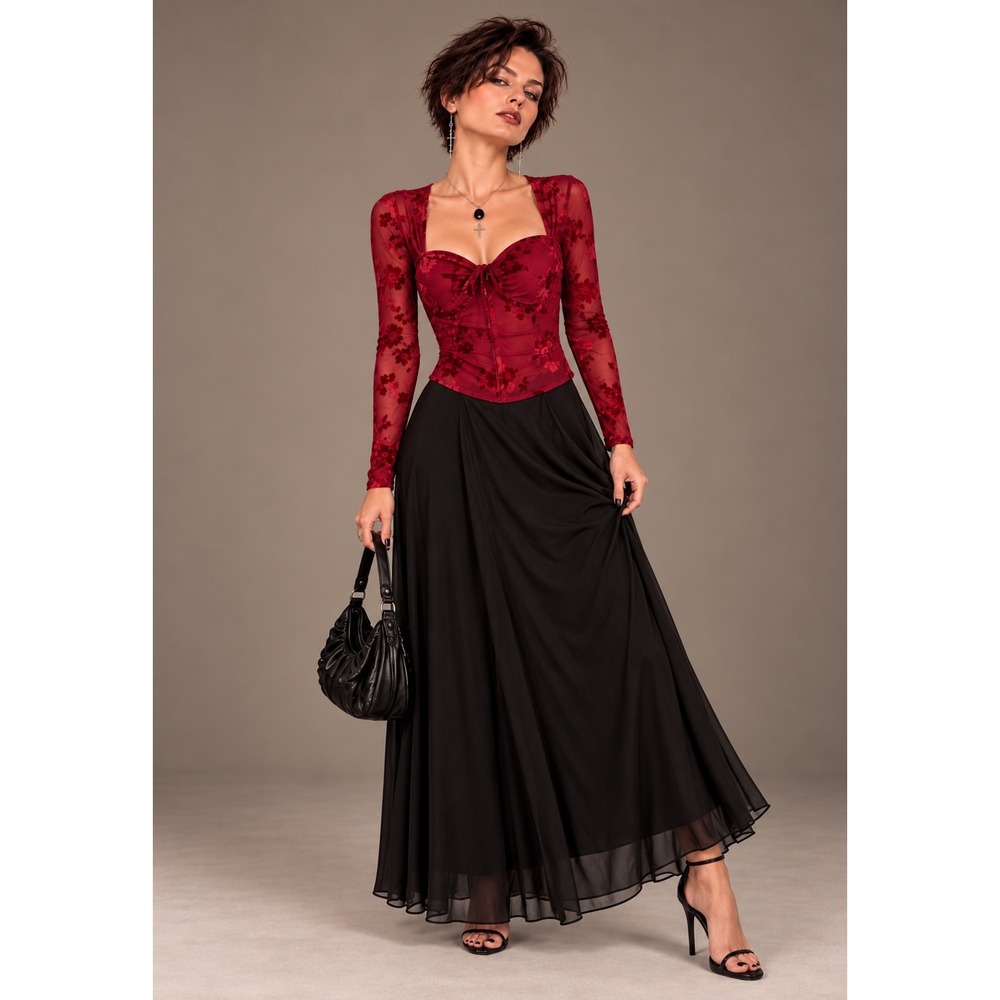 Madden NYC Red Velvet Floral Mesh Corset Top Romantic Goth Holiday M